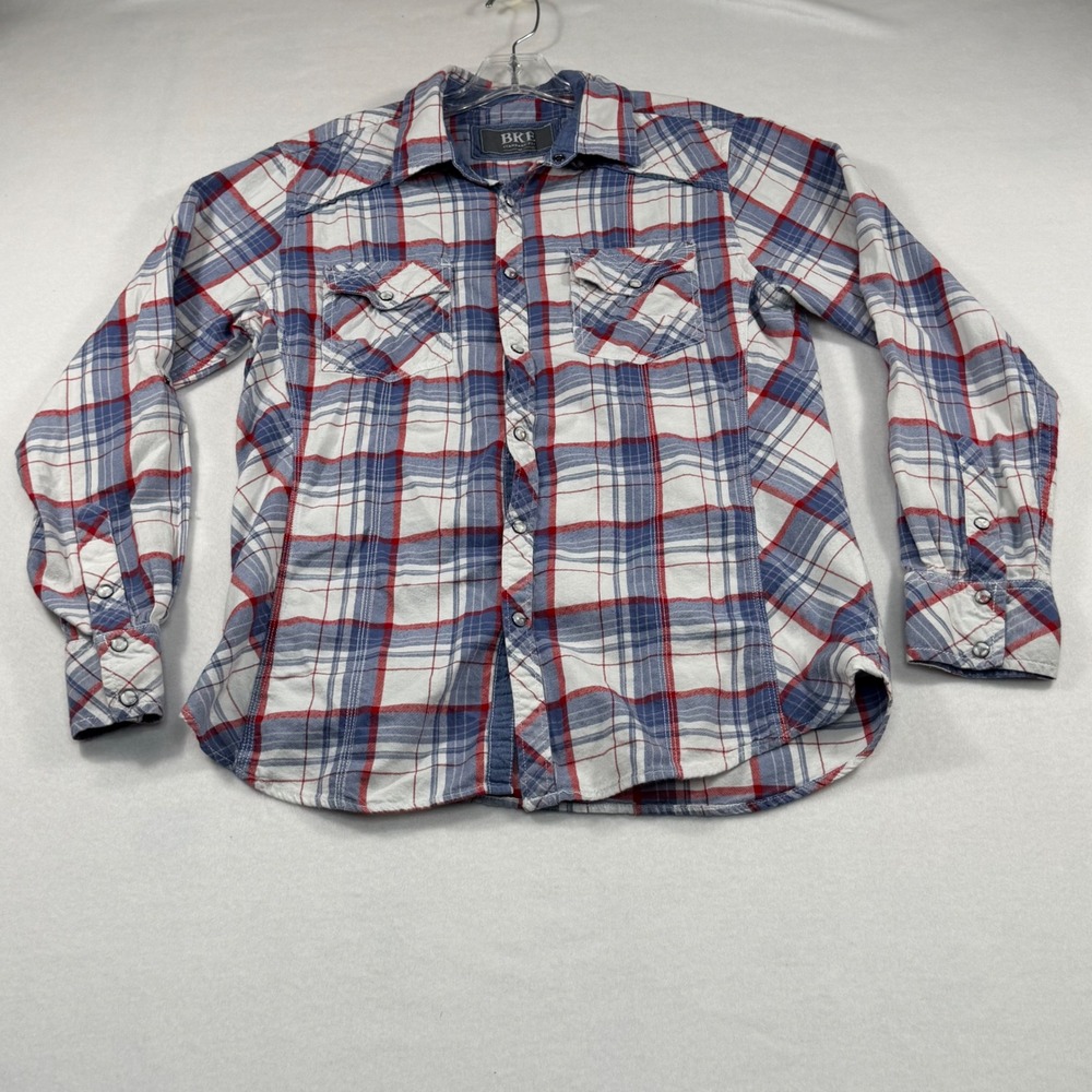 BKE Mens Standard Fit Plaid Snap Button Western Shirt Red White Blue M B2578